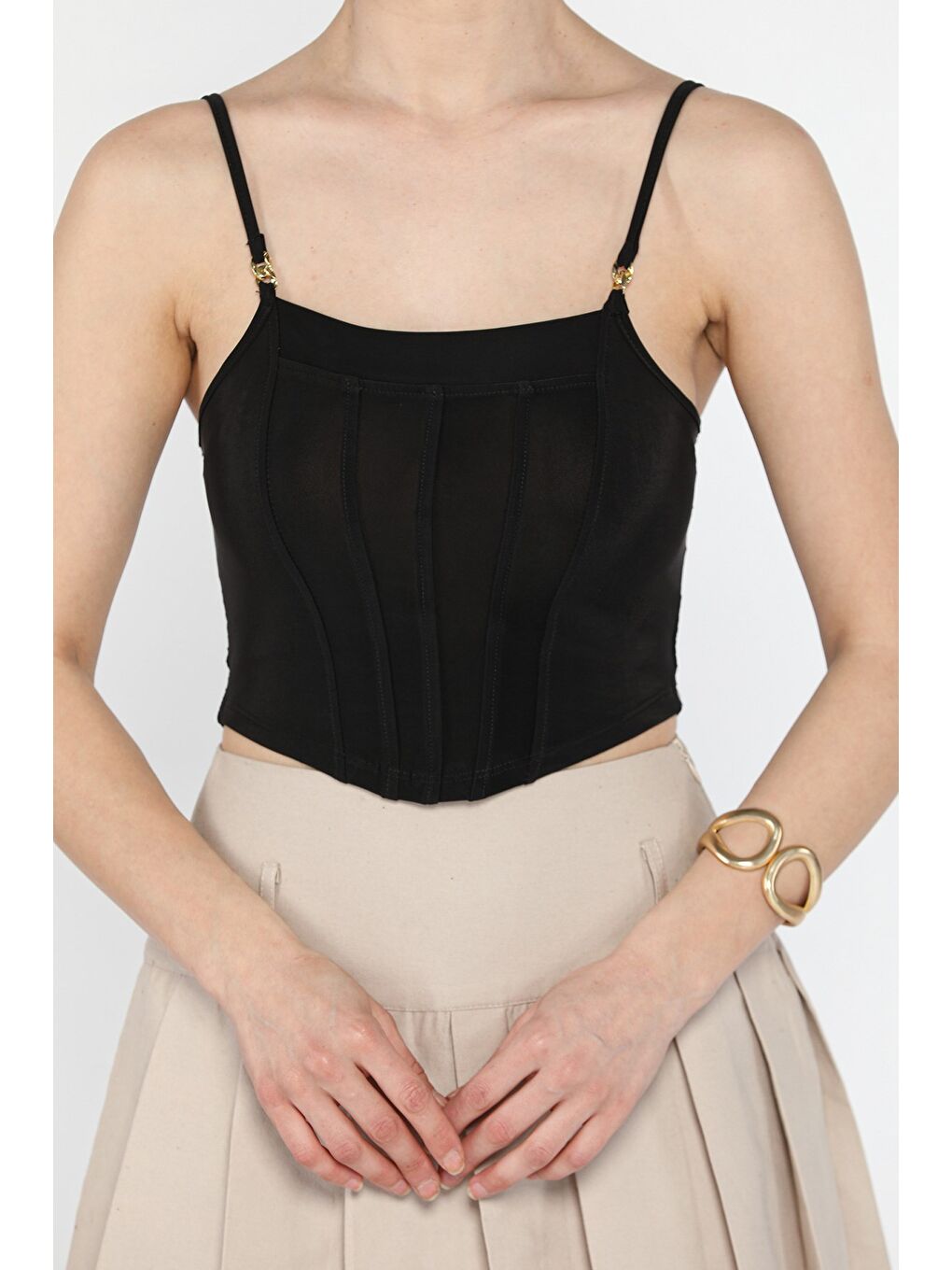 Siyah Kadın Ayarlanabilir Askılı Elastanlı Crop Top Bluz-3