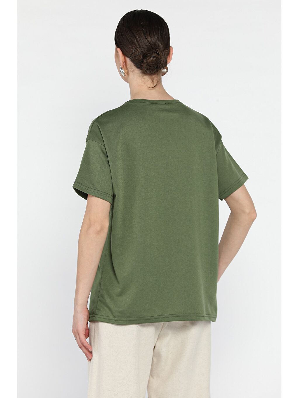 Haki Kadın Bisiklet Yaka Basic Tişört-2