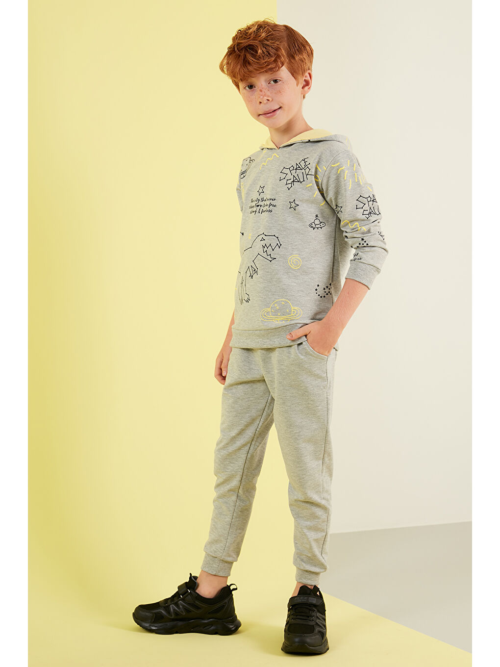 Gri Desenli Kapüşonlu Cepli   100 Pamuk Spor Takım 59215422