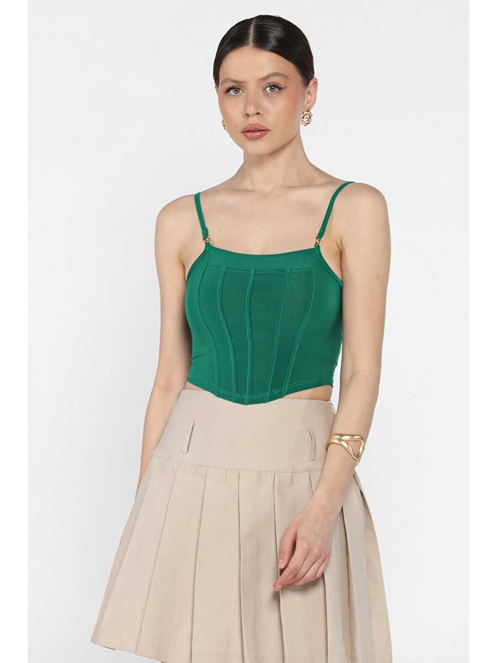 Yeşil Kadın Ayarlanabilir Askılı Elastanlı Crop Top Bluz-1