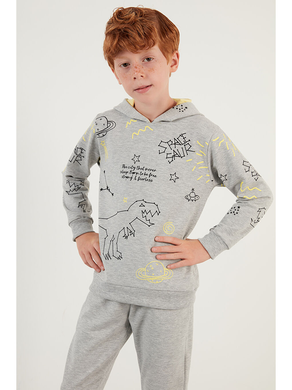 Gri Desenli Kapüşonlu Cepli   100 Pamuk Spor Takım 59215422-1