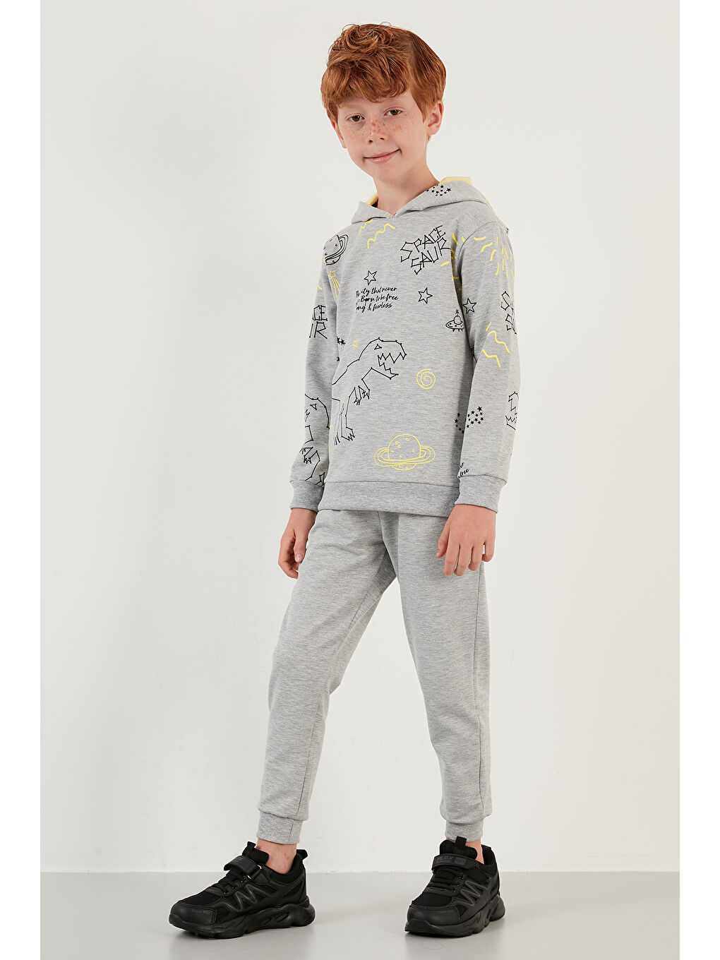 Gri Desenli Kapüşonlu Cepli   100 Pamuk Spor Takım 59215422-5