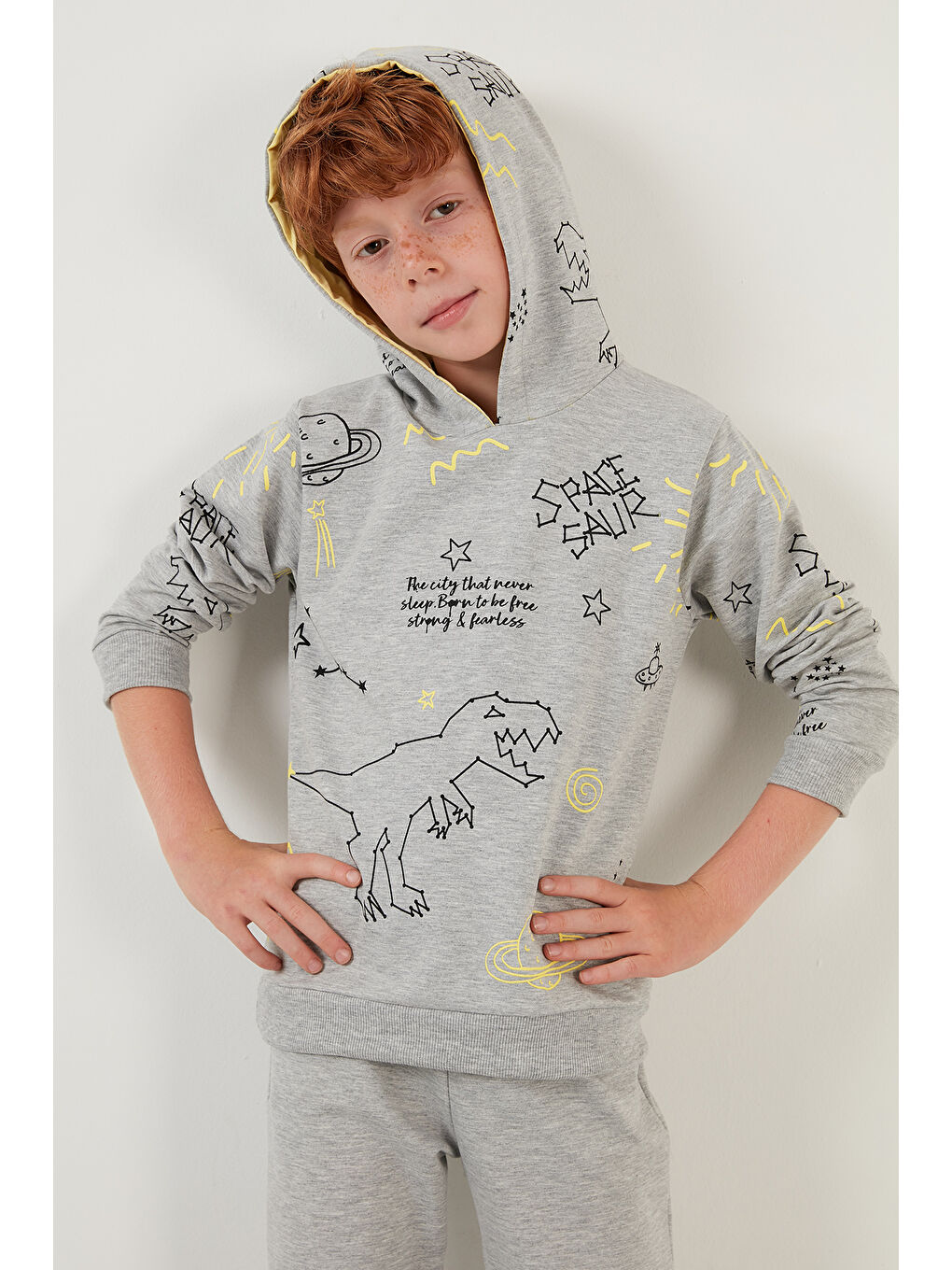 Gri Desenli Kapüşonlu Cepli   100 Pamuk Spor Takım 59215422-6