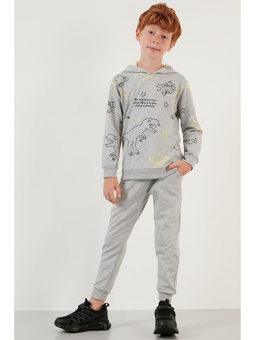 Gri Desenli Kapüşonlu Cepli   100 Pamuk Spor Takım 59215422-7