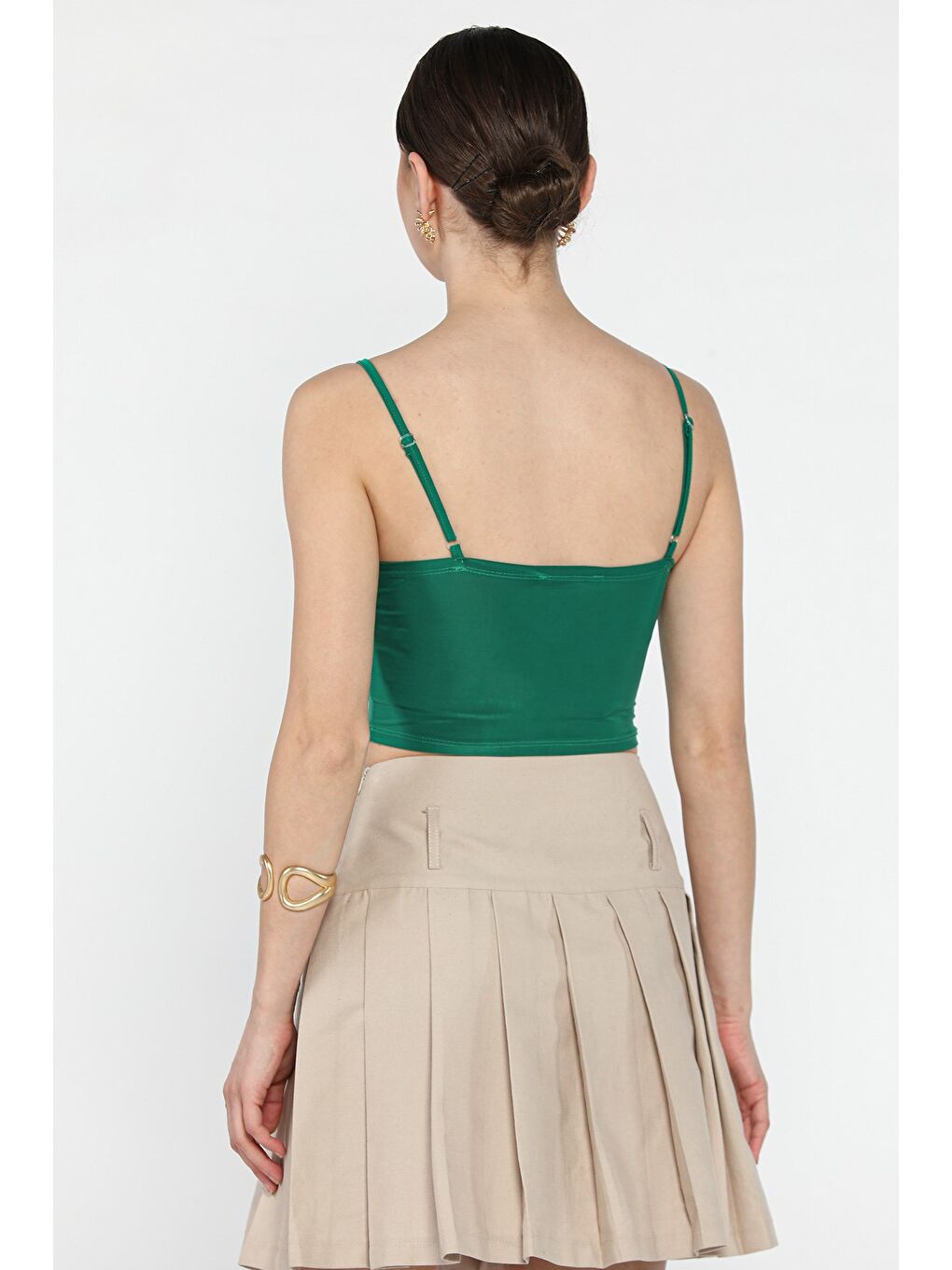 Yeşil Kadın Ayarlanabilir Askılı Elastanlı Crop Top Bluz-2