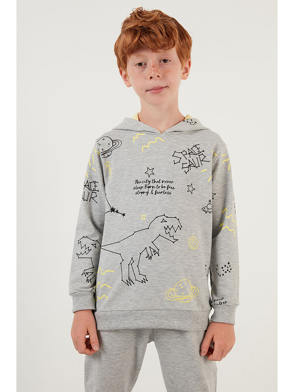 Gri Desenli Kapüşonlu Cepli   100 Pamuk Spor Takım 59215422-8