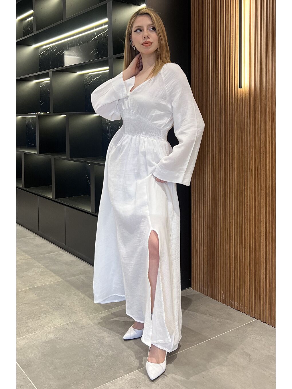 Beyaz Kadın Yırtmaçlı Bel Lastikli Keten Elbise-1