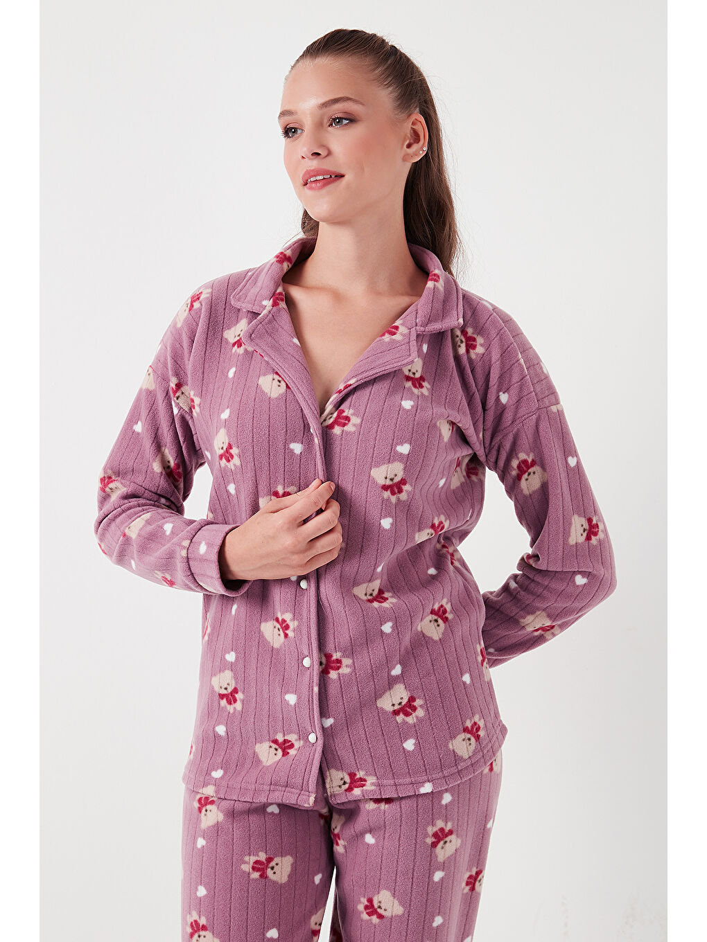 Lela Lila Standart Fit Düğmeli Polarlı Kadın Pijama Takımı 6095615 - 3