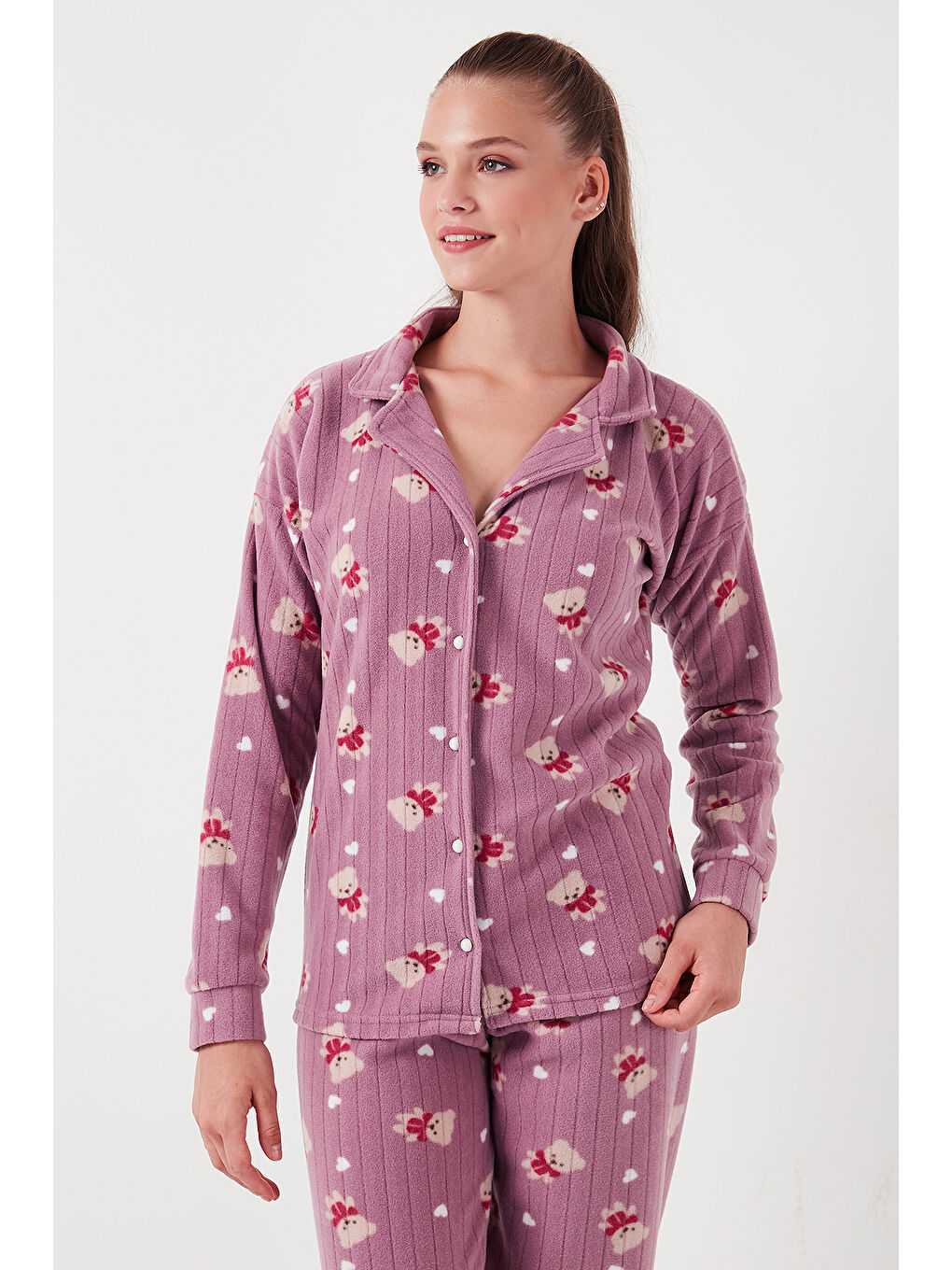 Lela Lila Standart Fit Düğmeli Polarlı Kadın Pijama Takımı 6095615 - 4