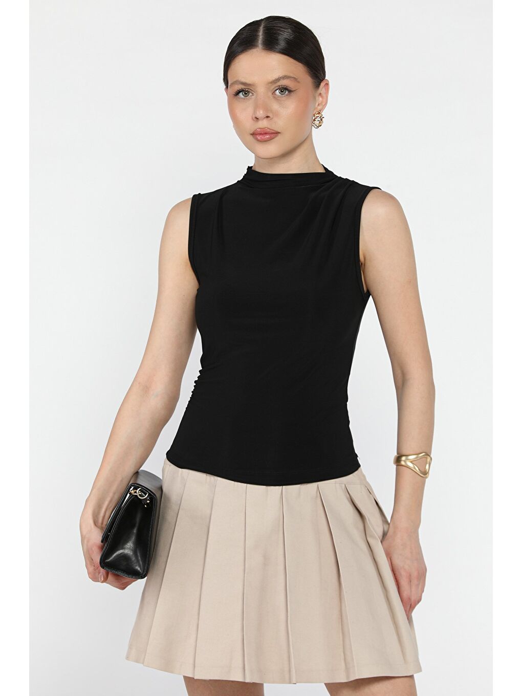 Siyah Kadın Büzgü Detaylı Elastanlı Bluz-1