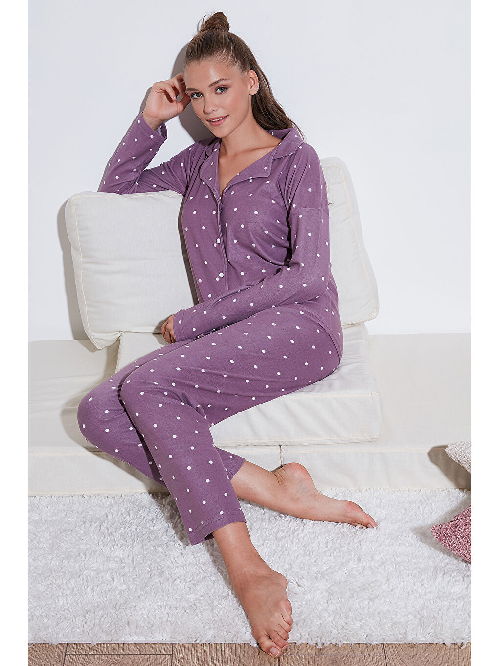 Lela Lila Streç Standart Fit Düğmeli Kadın Pijama Takımı 60956601