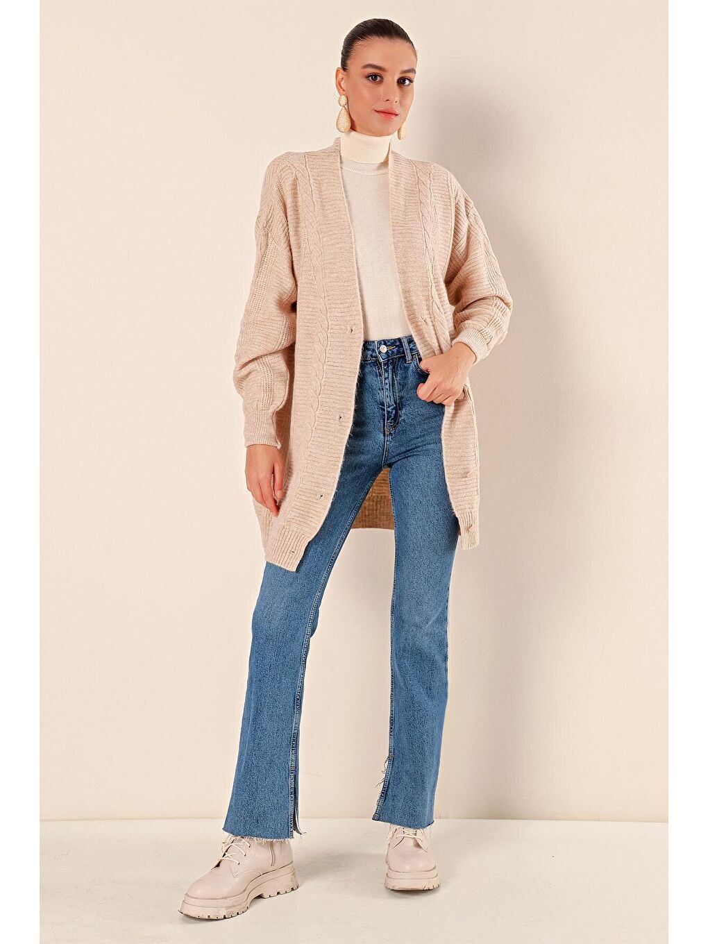 Ekru 15768 Tesettür Triko Hırka - Krem-1