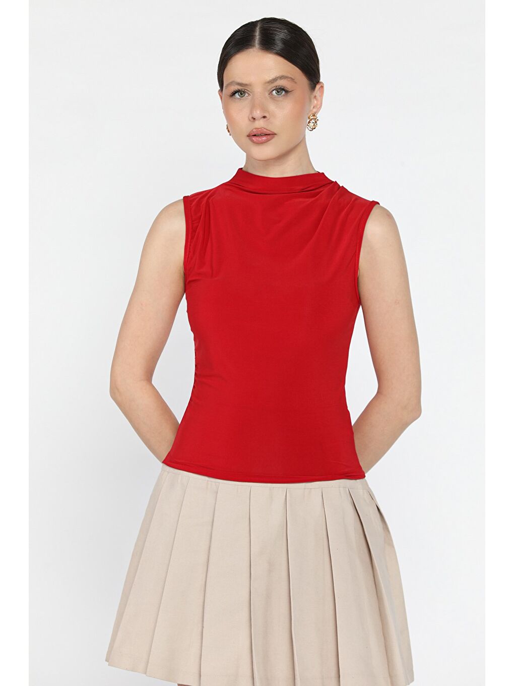 Kırmızı Kadın Büzgü Detaylı Elastanlı Bluz-1