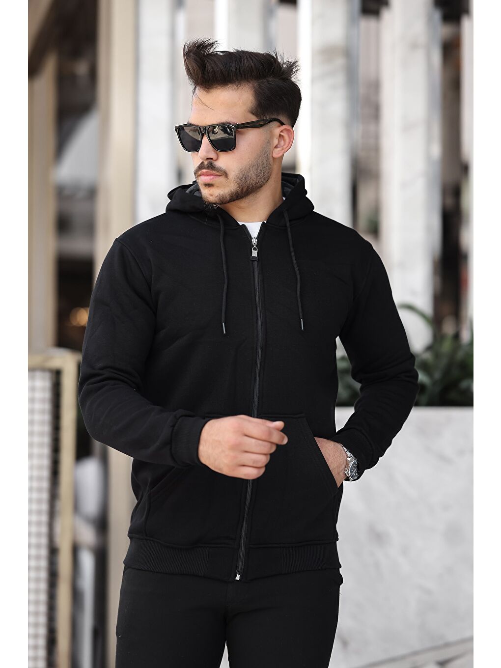 comstar Siyah Üç İplik Fermuarlı Sweatshirt