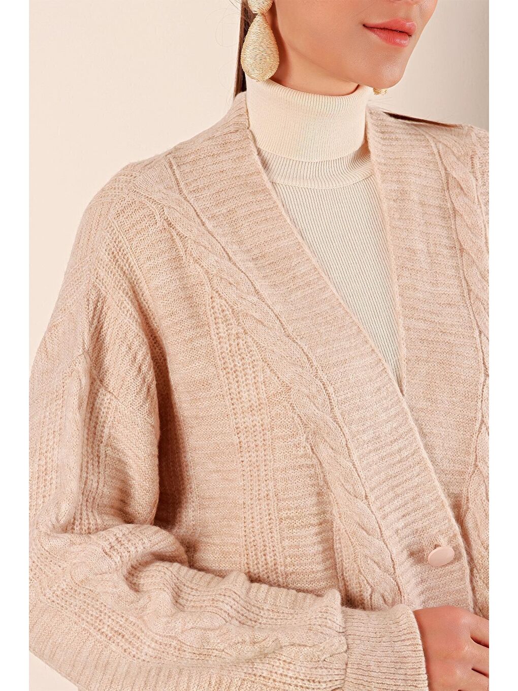 Ekru 15768 Tesettür Triko Hırka - Krem-2