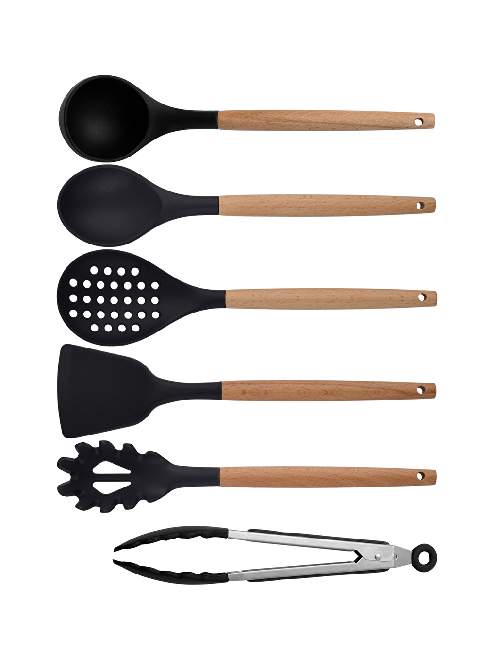 Kitchen Design Lab Siyah Bambu Silikon - Kepçe, Kaşık, Kevgir, Makarna, Açılı Spatula, Metal Maşa 6 lı Set