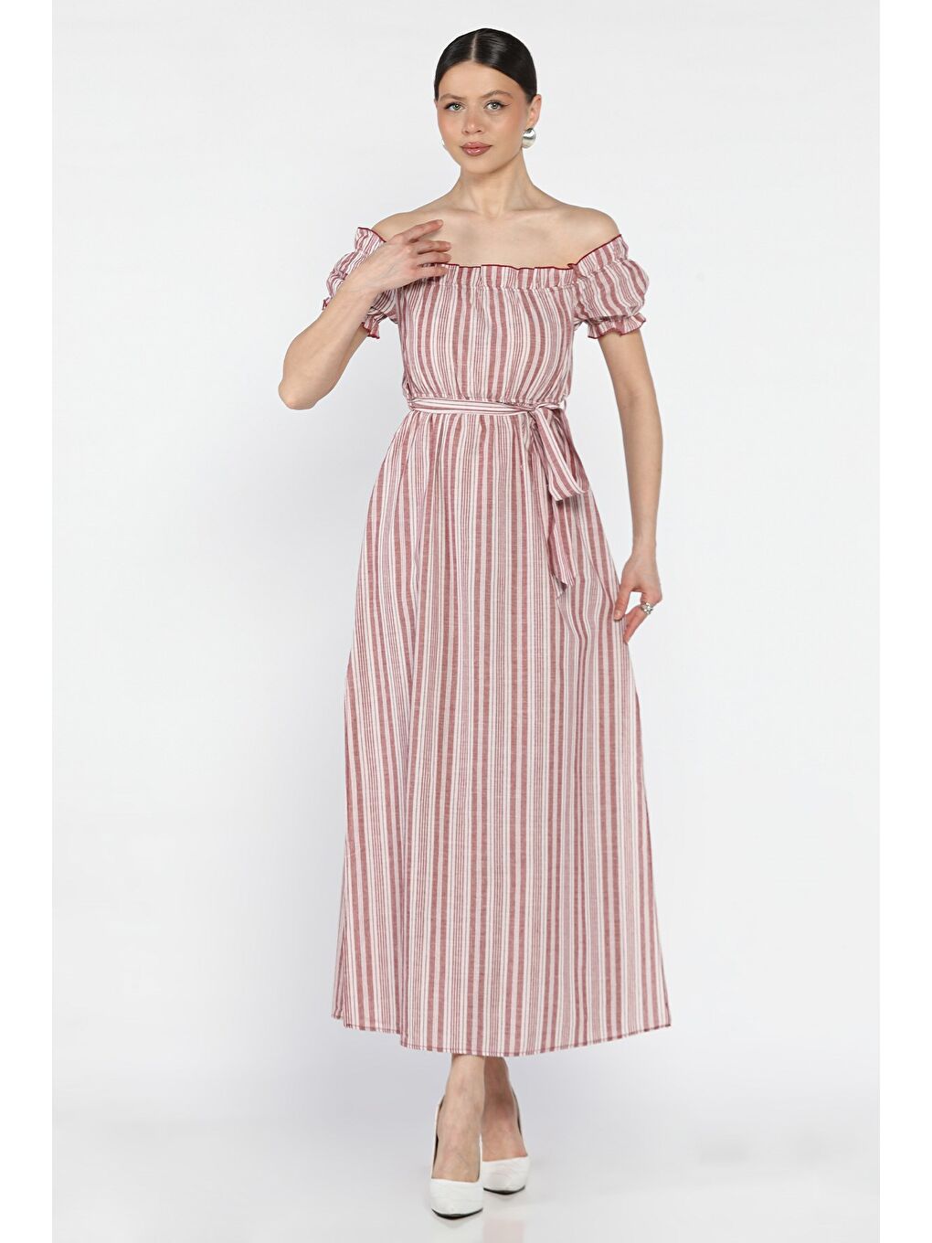 Bordo Kadın Kol Ve Bel Lastikli Kuşak Detaylı Çizgi Desenli Çift Yırtmaçlı Elbise-1