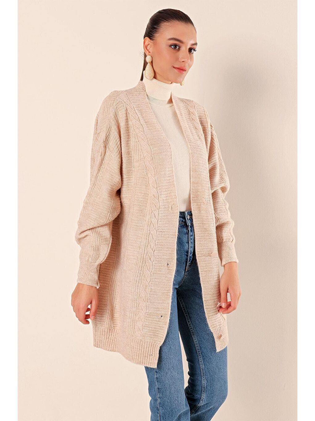 Ekru 15768 Tesettür Triko Hırka - Krem-3