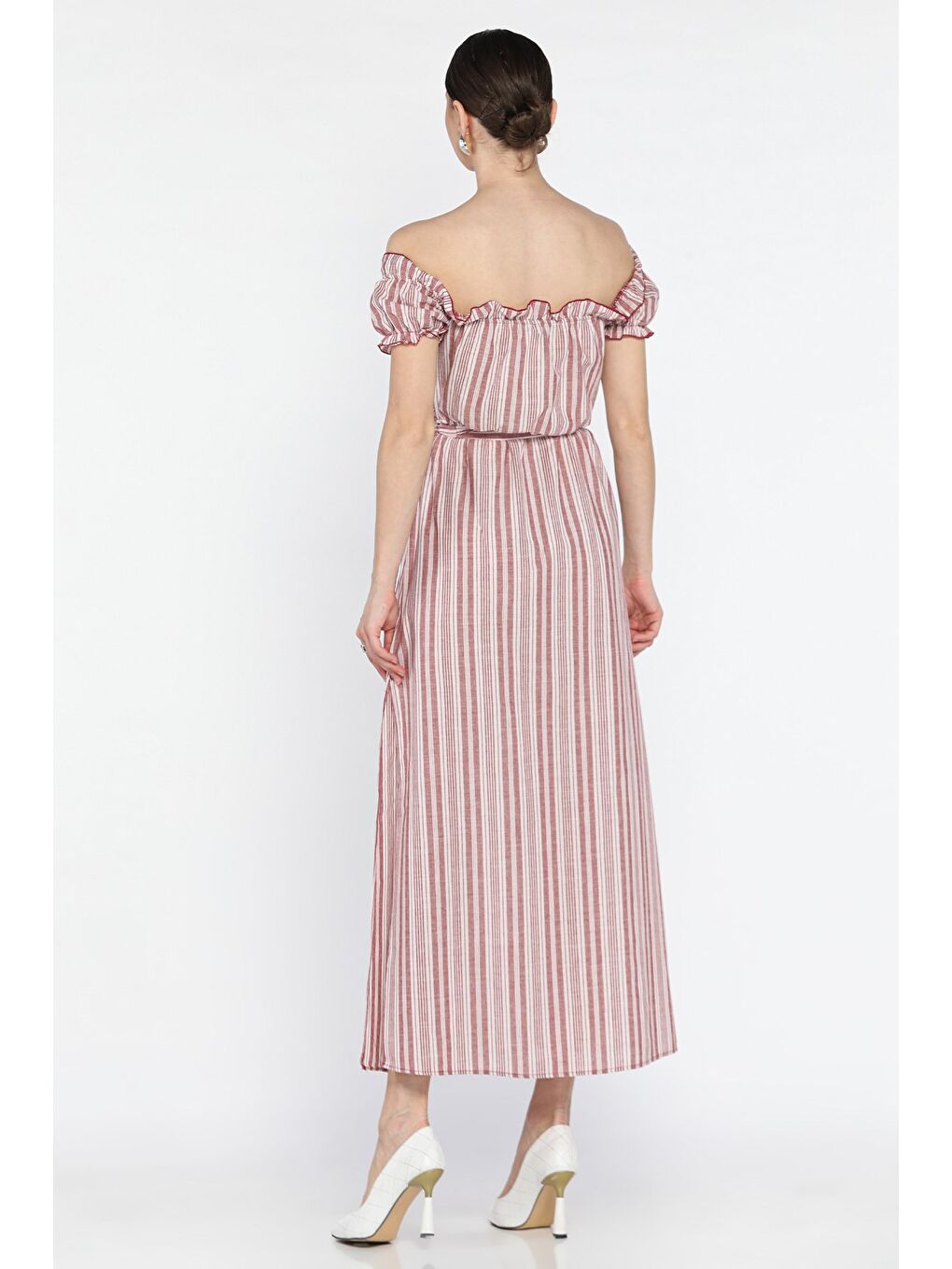 Bordo Kadın Kol Ve Bel Lastikli Kuşak Detaylı Çizgi Desenli Çift Yırtmaçlı Elbise-2