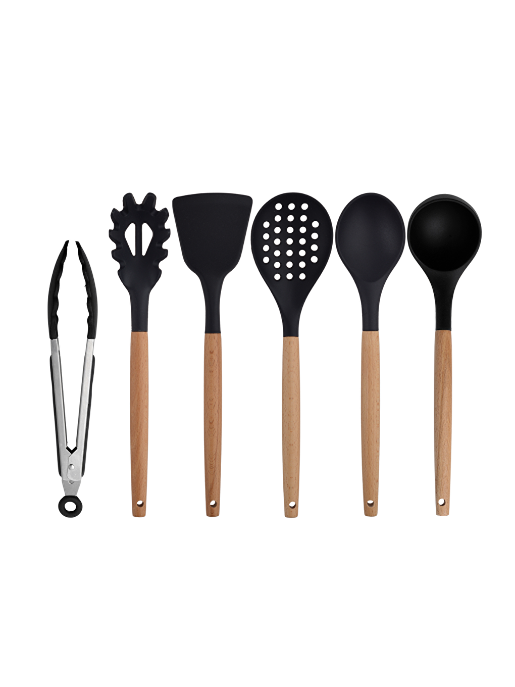 Kitchen Design Lab Siyah Bambu Silikon - Kepçe, Kaşık, Kevgir, Makarna, Açılı Spatula, Metal Maşa 6 lı Set - 1