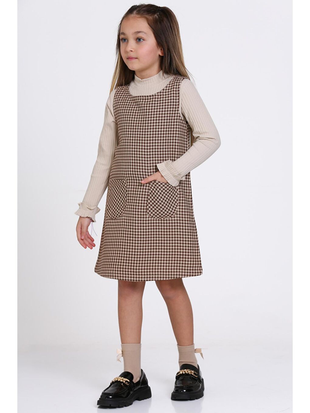 Kahverengi Kahve Ekose Badili 5-9 Yaş Elbise 23362-1