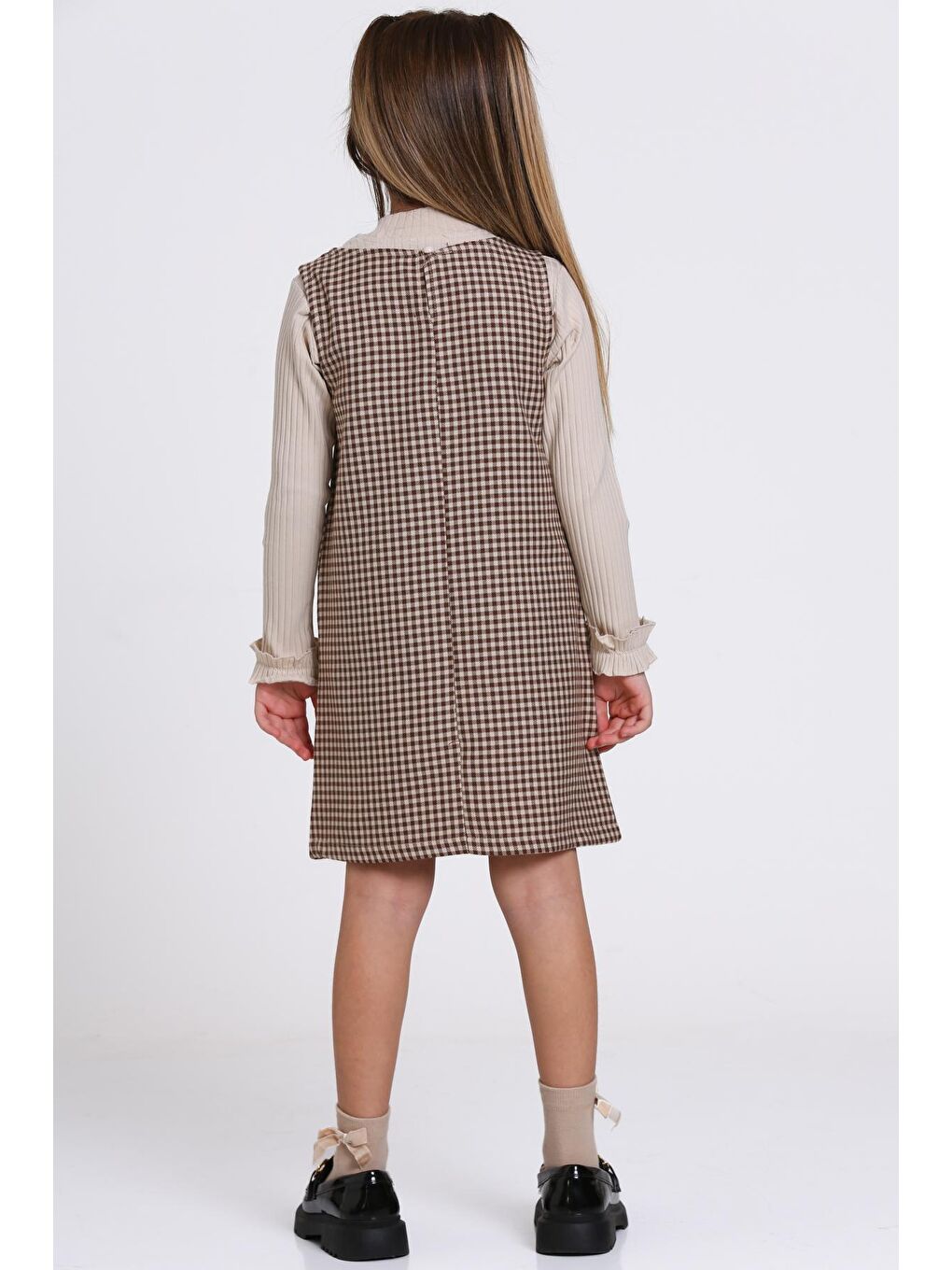 Kahverengi Kahve Ekose Badili 5-9 Yaş Elbise 23362-1-1