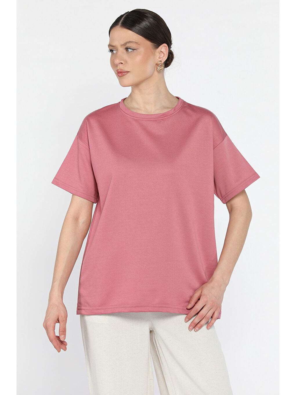 Pembe Kadın Bisiklet Yaka Basic Tişört