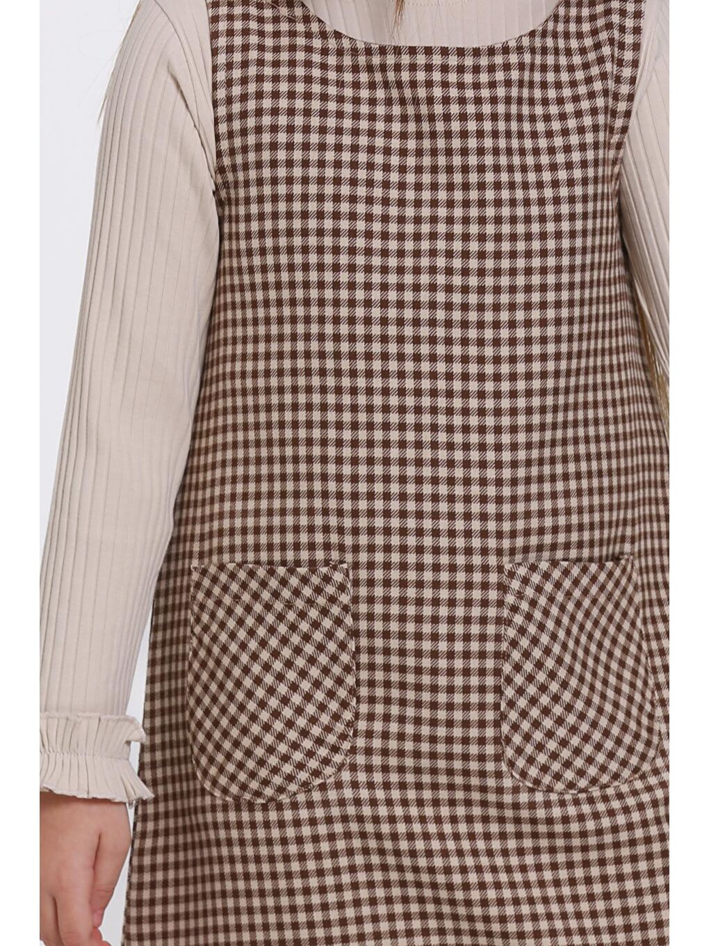 Kahverengi Kahve Ekose Badili 5-9 Yaş Elbise 23362-1-2
