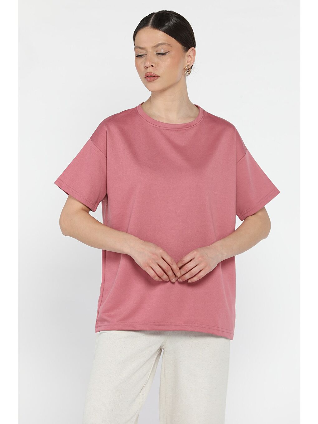 Pembe Kadın Bisiklet Yaka Basic Tişört-1