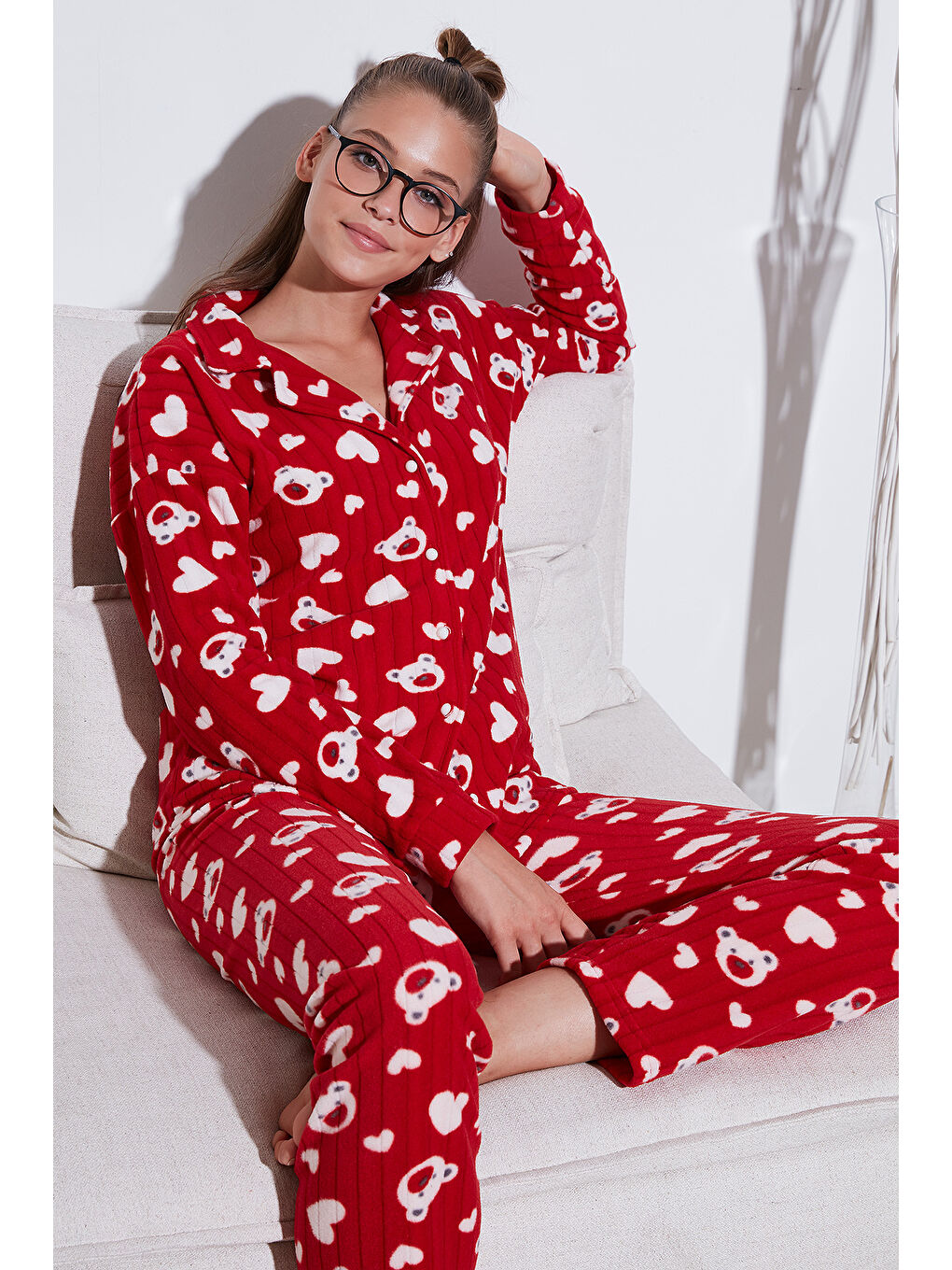 Lela Kırmızı Standart Fit Düğmeli Polarlı Kadın Pijama Takımı 6095617