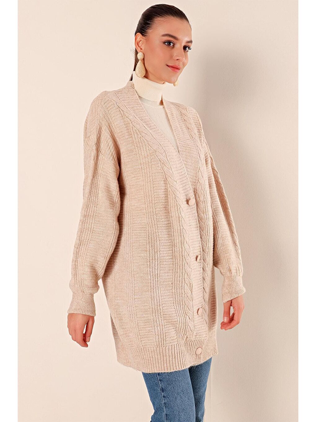 Ekru 15768 Tesettür Triko Hırka - Krem-4