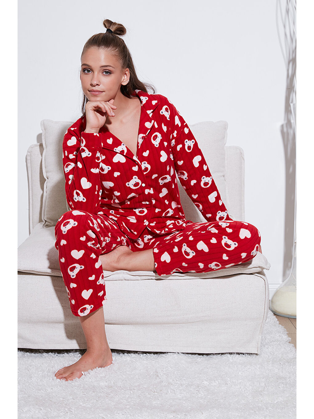 Lela Kırmızı Standart Fit Düğmeli Polarlı Kadın Pijama Takımı 6095617 - 1