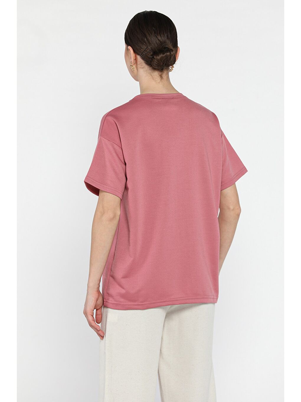 Pembe Kadın Bisiklet Yaka Basic Tişört-2