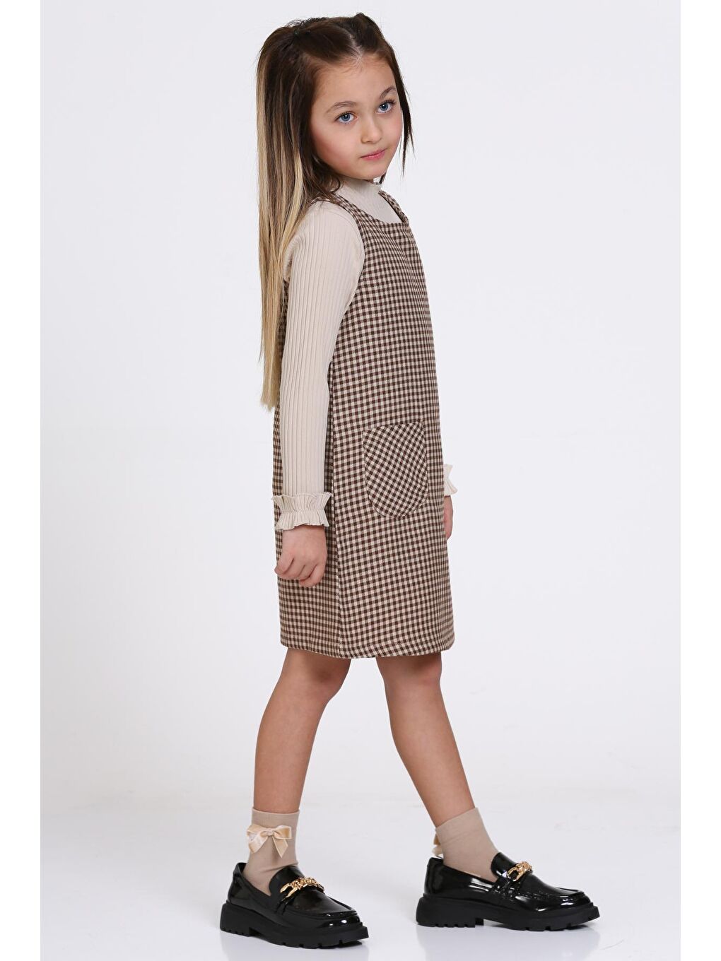Kahverengi Kahve Ekose Badili 5-9 Yaş Elbise 23362-1-3