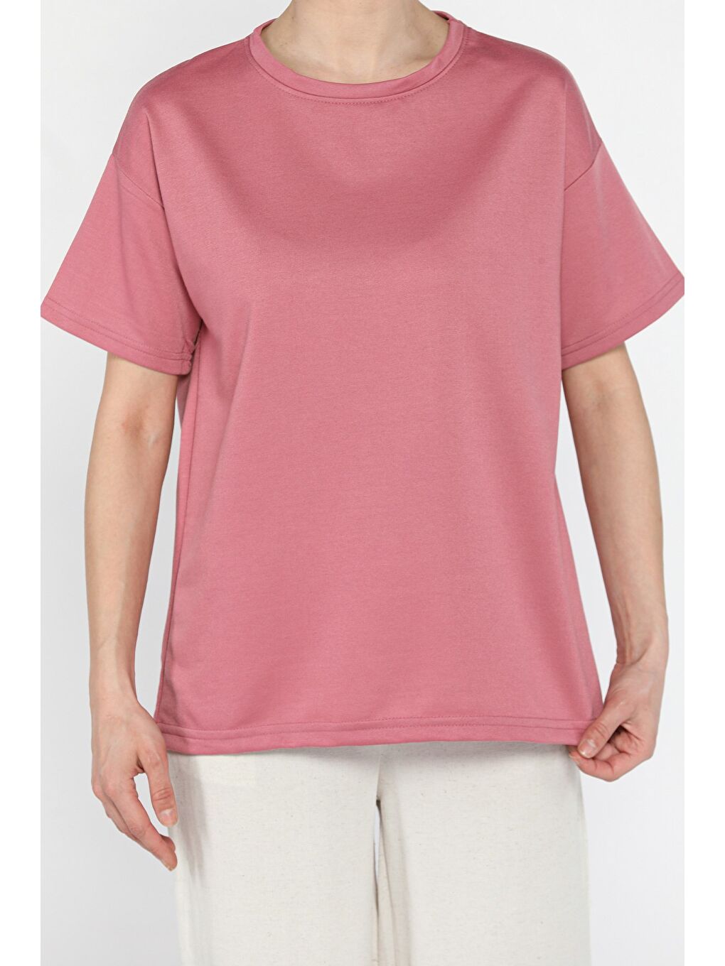 Pembe Kadın Bisiklet Yaka Basic Tişört-3