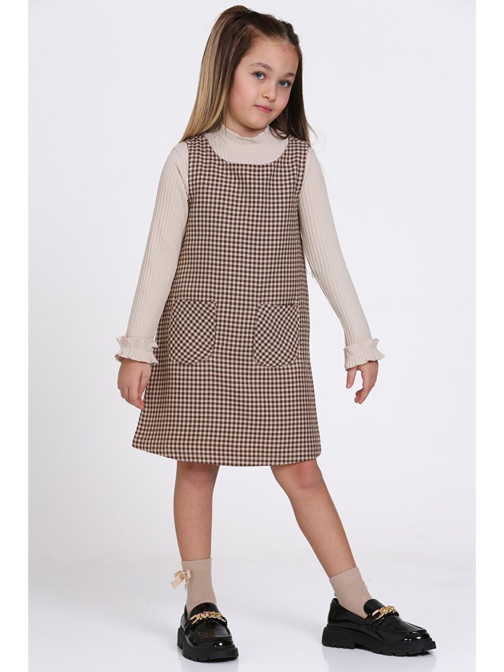 Kahverengi Kahve Ekose Badili 5-9 Yaş Elbise 23362-1-4