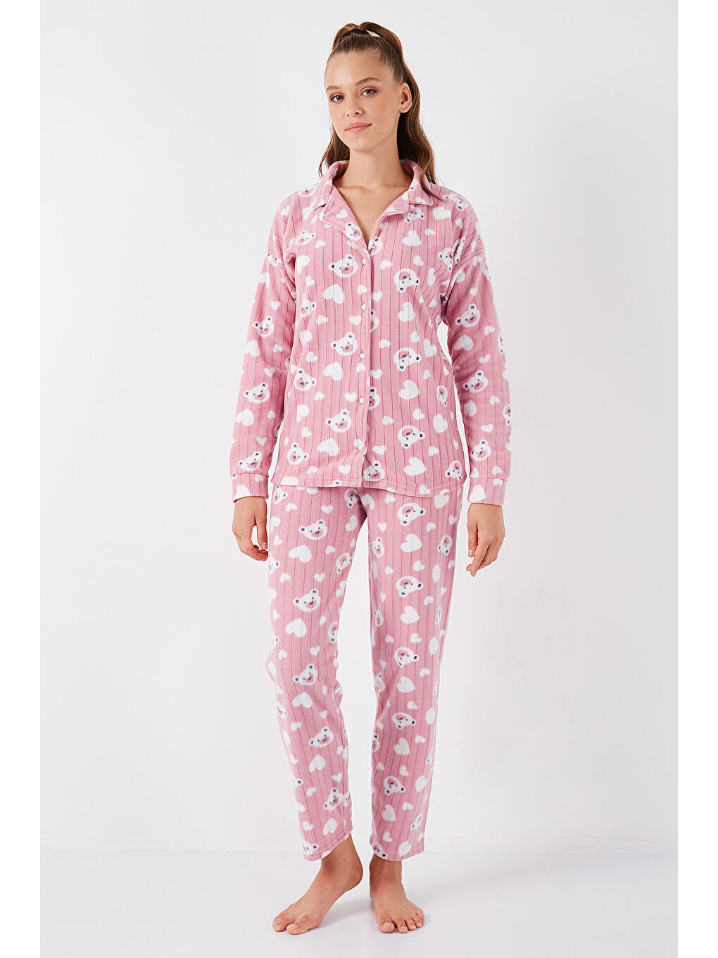 Lela Pudra Pembe Standart Fit Düğmeli Polarlı Kadın Pijama Takımı 6095617 - 1