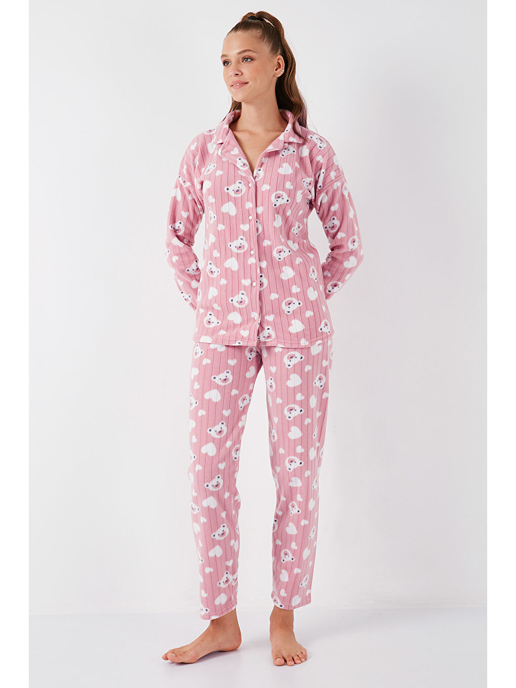 Lela Pudra Pembe Standart Fit Düğmeli Polarlı Kadın Pijama Takımı 6095617 - 2