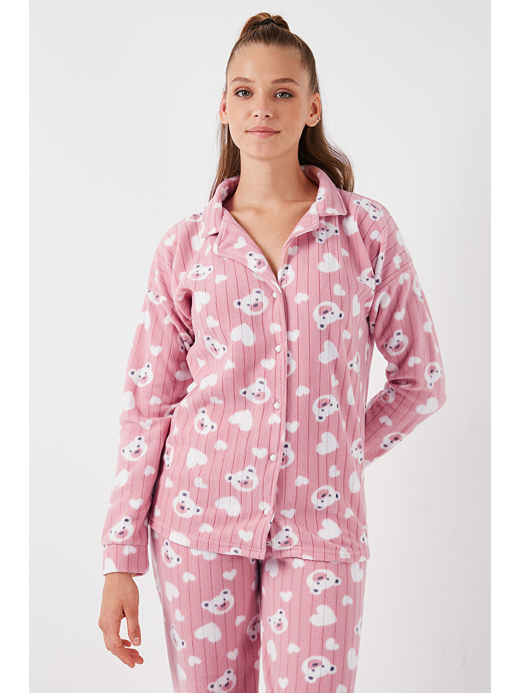 Lela Pudra Pembe Standart Fit Düğmeli Polarlı Kadın Pijama Takımı 6095617 - 4