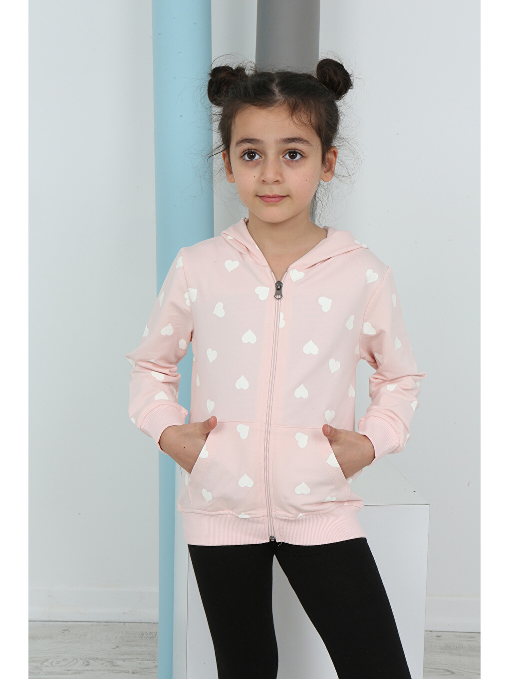 Pembe Kız Çocuk Komple Kalpli Baskılı Fermuarlı Sweatshırt