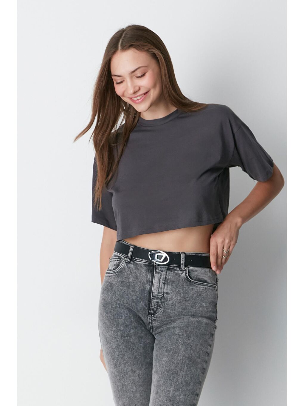 Bisiklet Yaka 2'li Crop T-Shirt 959 Haki/Füme-2