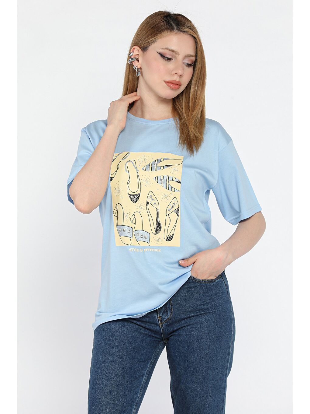 Mavi Kadın Bisiklet Yaka Taş İşlemeli Baskılı Kadın Tişört