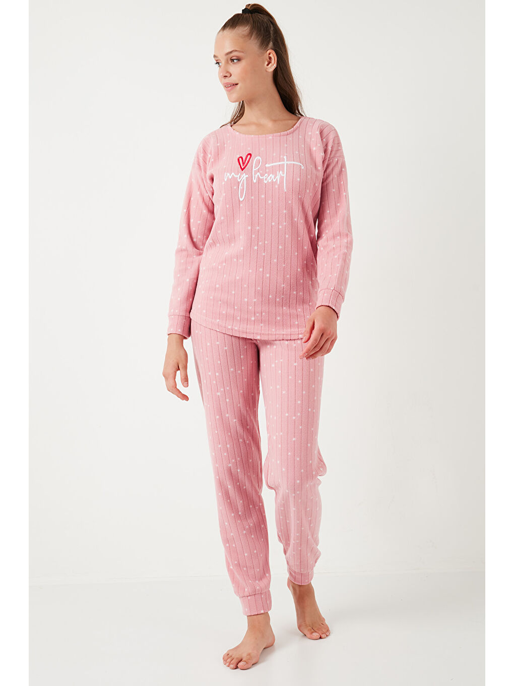 Lela Pudra Pembe Standart Fit Bisiklet Yaka Kadın Pijama Takımı 6093735 - 2