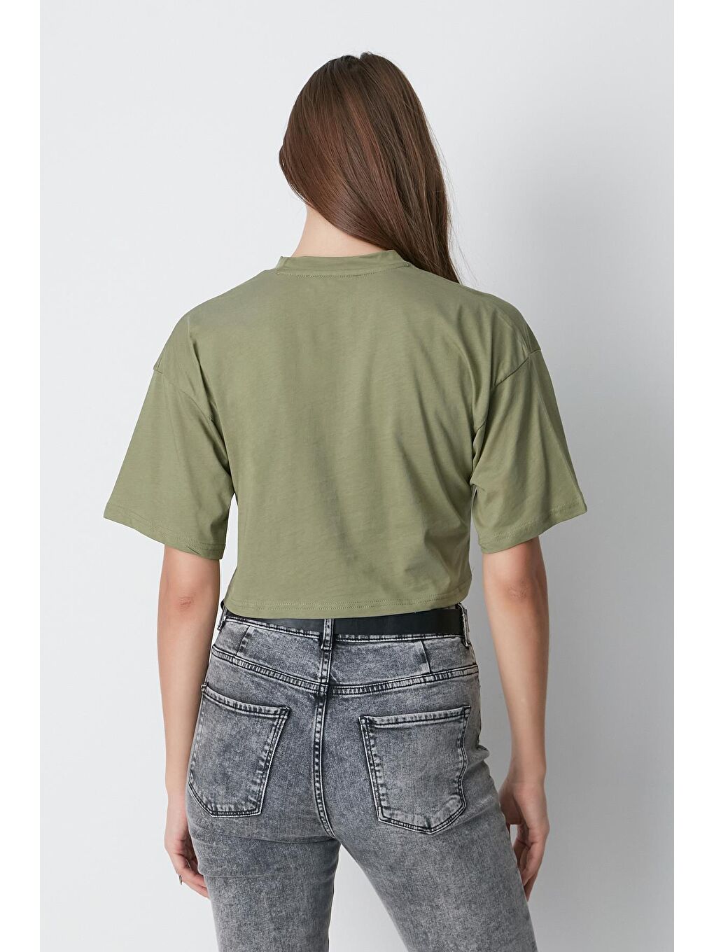 Bisiklet Yaka 2'li Crop T-Shirt 959 Haki/Füme-5