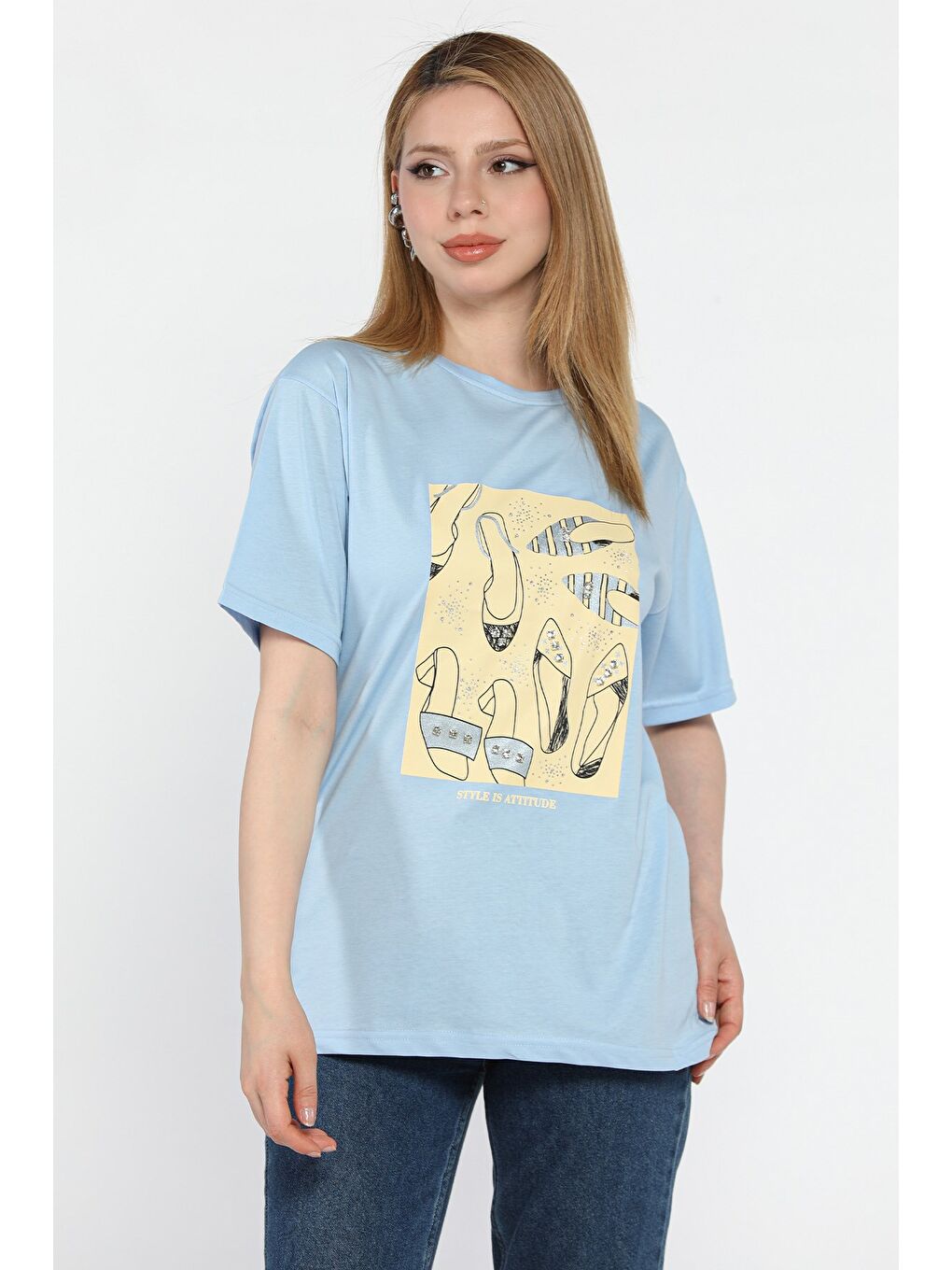 Mavi Kadın Bisiklet Yaka Taş İşlemeli Baskılı Kadın Tişört-1