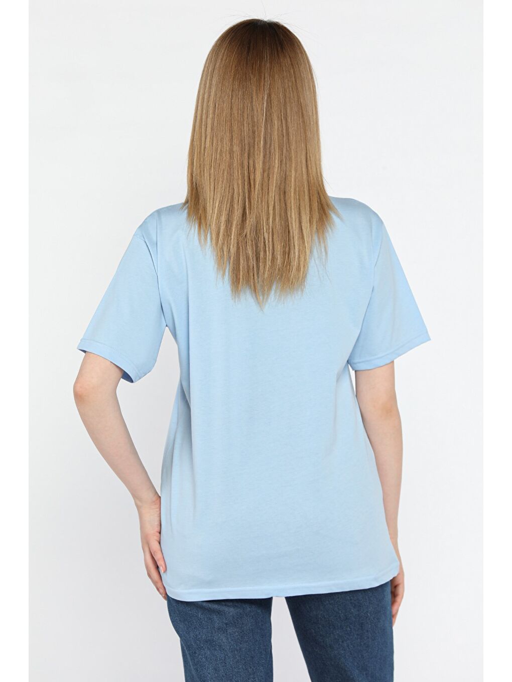Mavi Kadın Bisiklet Yaka Taş İşlemeli Baskılı Kadın Tişört-2