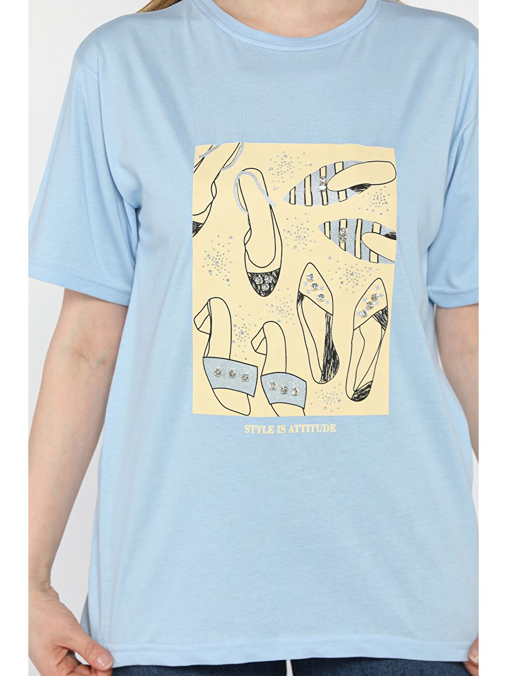 Mavi Kadın Bisiklet Yaka Taş İşlemeli Baskılı Kadın Tişört-3