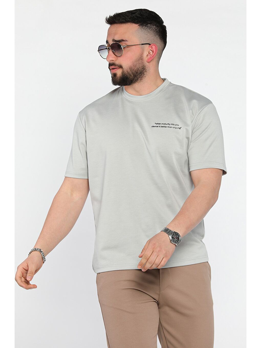 Gri Erkek Yazı Baskılı Tişört-1
