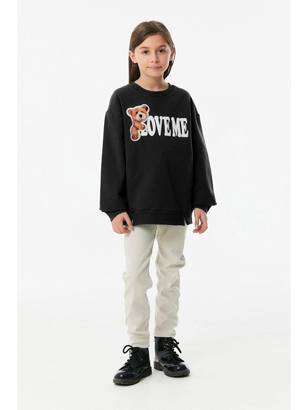 Siyah Baskılı Bisiklet Yaka Kız Çocuk Sweatshirt