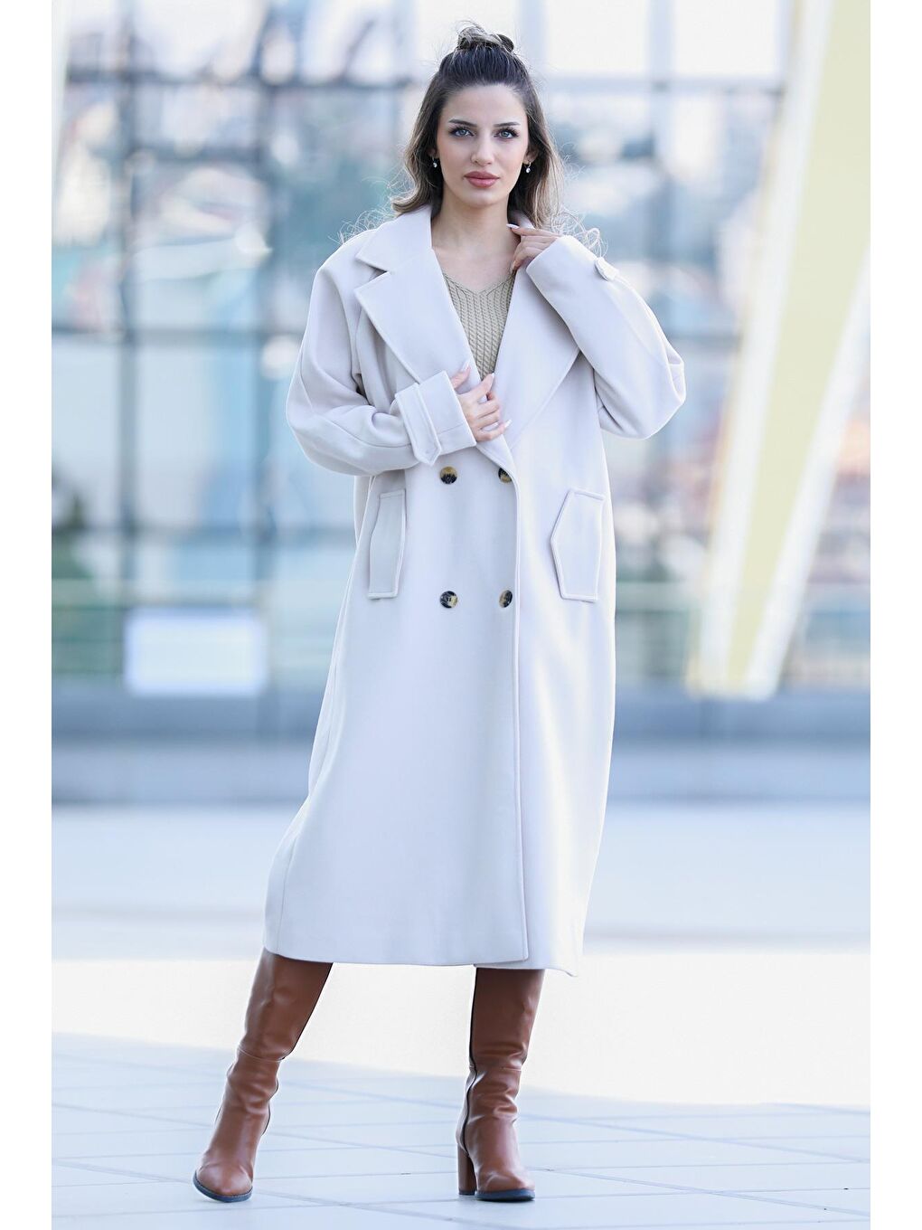 Bej Kadın Cepli Astarlı Kaşe Kaban-2